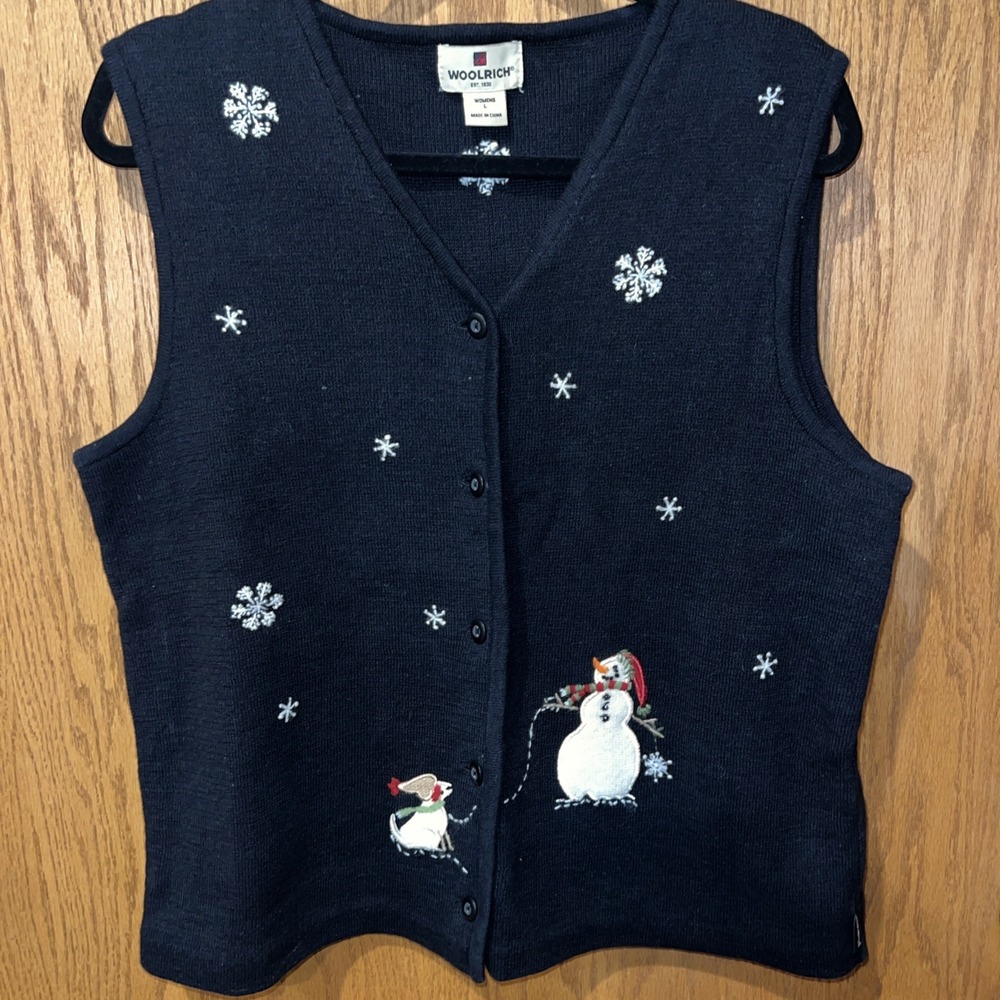 Woolrich Womens Vest Navy Blue Snowman Snowflakes V-Neck Button Front Knit‎ L